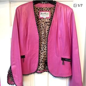 BonoRocks Pink Faux Leather Studded Jacket – Size 10 Studded Trim + Leopard Lini